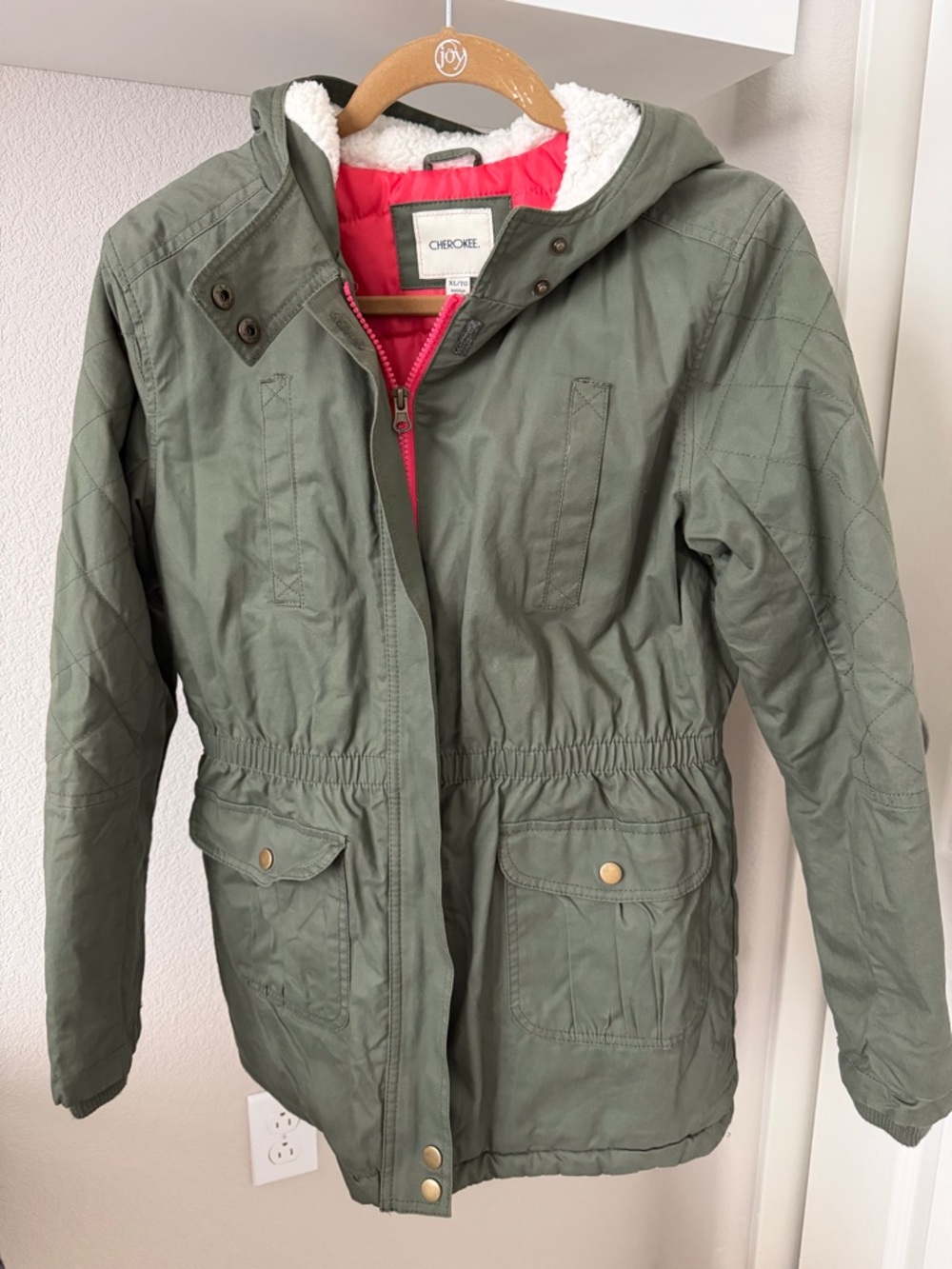 Girls Cherokee Olive Green Jacket with Pink Lining and White Sherpa Hood